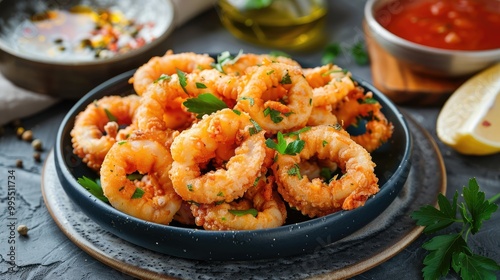 A plate of crispy calamari with marinara sauce.