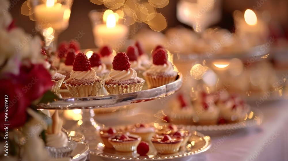 Delicious cupcakes and desserts with fresh raspberries on elegant display at a celebration event. Delicious cupcakes and desserts with fresh raspberries on elegant display at a celebration event.