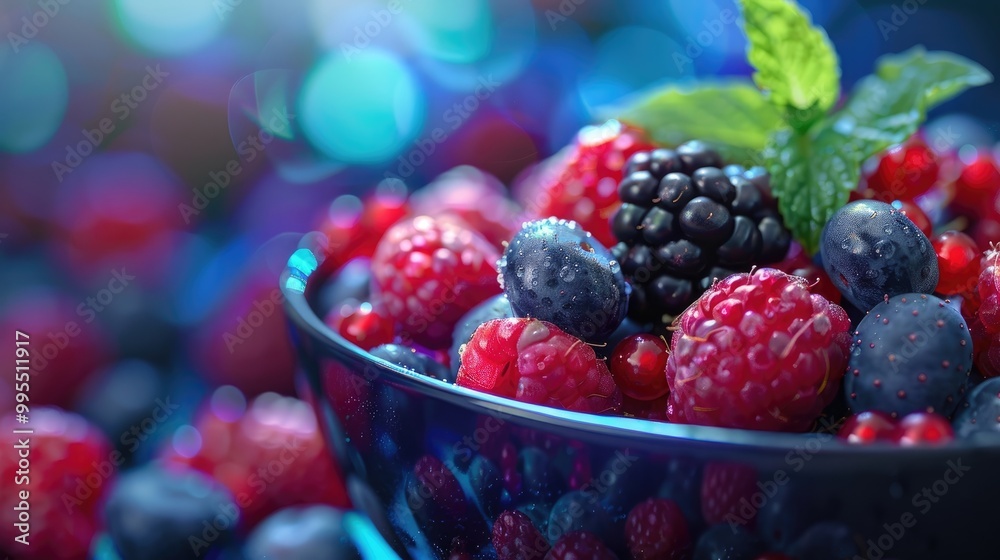 A bowl of vibrant mixed berries with a sprig of mint. A bowl of vibrant mixed berries with a sprig of mint.