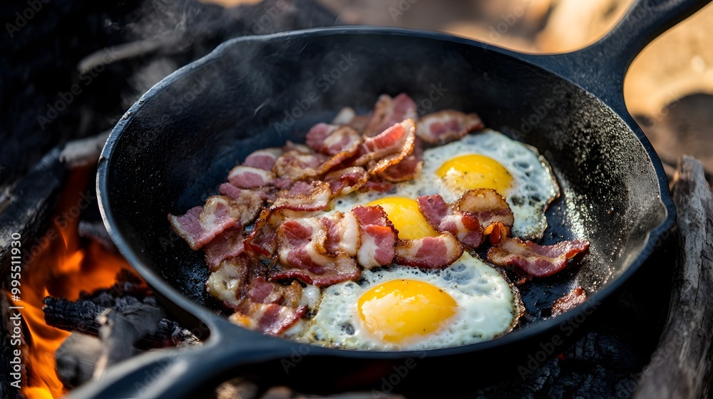 Sizzling Bacon and Eggs Cooking in a Cast Iron Skillet Over an Open Flame Rustic Homemade Breakfast Dish Capturing the Aroma and Texture of a Savory Delicious Meal Sizzling Bacon and Eggs Cooking in a Cast Iron Skillet Over an Open Flame Rustic Homemade Breakfast Dish Capturing the Aroma and Texture of a Savory Delicious Meal