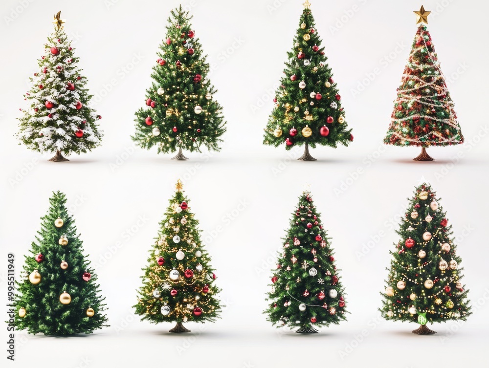 2408 50.A variety of Christmas trees displayed on a white background, each with unique decorations. One tree is brightly adorned with garlands and baubles, while another is simpler with just lights, 2408 50.A variety of Christmas trees displayed on a white background, each with unique decorations. One tree is brightly adorned with garlands and baubles, while another is simpler with just lights,