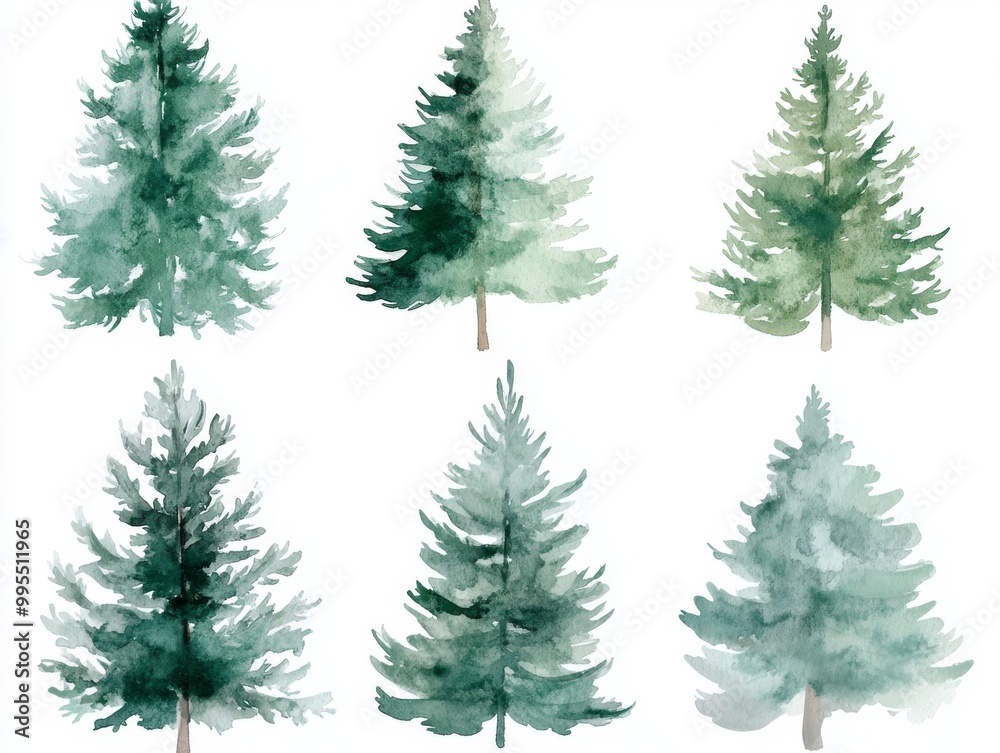 Obraz premium 2408 51.A delicate set of watercolor Christmas pine trees, each painted in soft shades of green with subtle gradients. The trees are isolated on a white background, capturing the natural beauty and