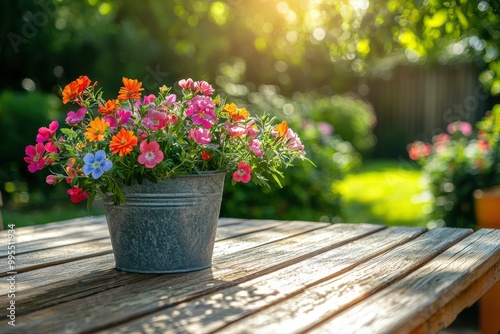 Colorful Flowers in a Metal Pot on a Wooden Table