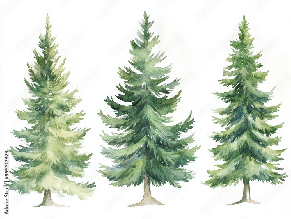 2408 55.A set of watercolor pine trees, each painted in soft shades of green and set against a clean white background. The trees vary in height and shape, with delicate brush strokes emphasizing 2408 55.A set of watercolor pine trees, each painted in soft shades of green and set against a clean white background. The trees vary in height and shape, with delicate brush strokes emphasizing