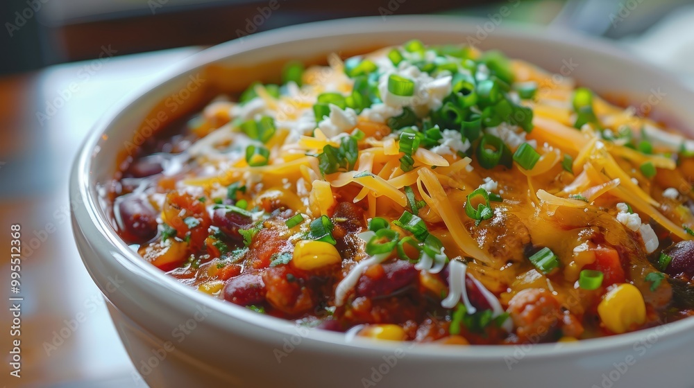 A bowl of vibrant vegetable chili with cheese. A bowl of vibrant vegetable chili with cheese.