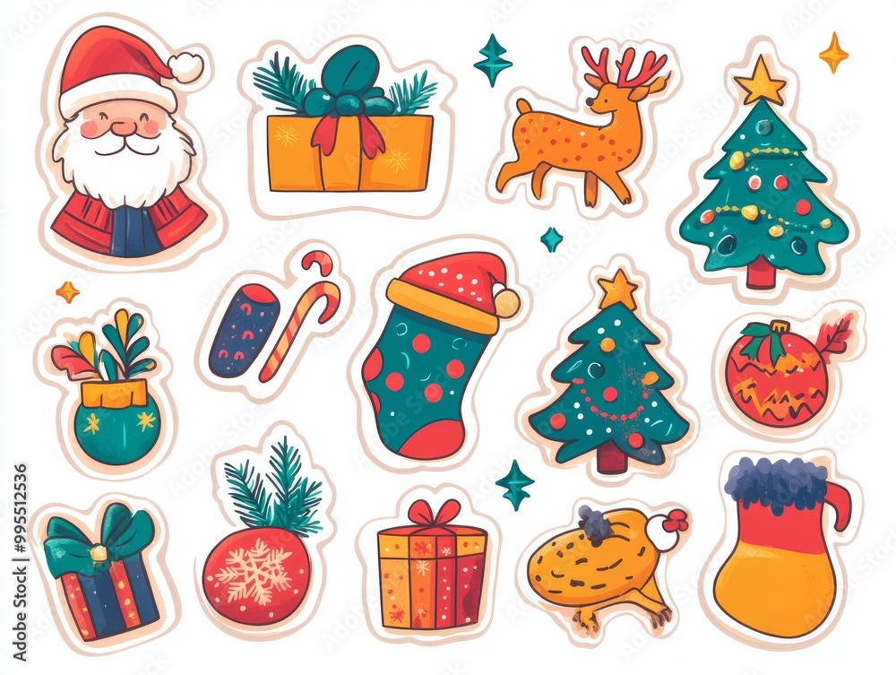 2408 58.A colorful set of Christmas and New Year stickers in cartoon style, showcasing holiday-themed items like Santa, reindeer, Christmas trees, and cozy decorations. Each illustration is drawn in 2408 58.A colorful set of Christmas and New Year stickers in cartoon style, showcasing holiday-themed items like Santa, reindeer, Christmas trees, and cozy decorations. Each illustration is drawn in