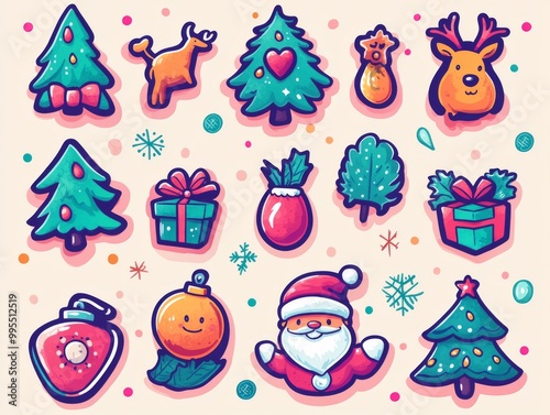 2408 58.A colorful set of Christmas and New Year stickers in cartoon style, showcasing holiday-themed items like Santa, reindeer, Christmas trees, and cozy decorations. Each illustration is drawn in