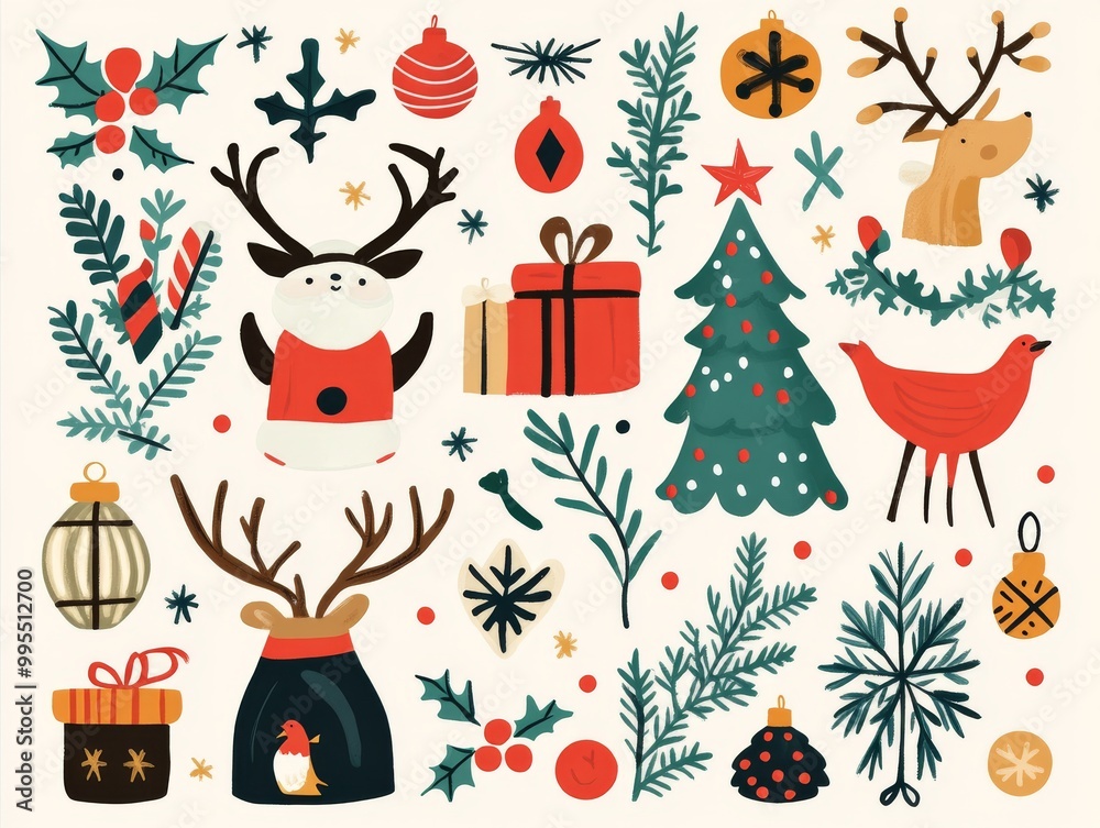 2408 60.A playful collection of Christmas stickers in cartoon style, featuring classic holiday icons like Santa, reindeer, Christmas gifts, and cozy winter elements. The retro groovy design uses bold 2408 60.A playful collection of Christmas stickers in cartoon style, featuring classic holiday icons like Santa, reindeer, Christmas gifts, and cozy winter elements. The retro groovy design uses bold