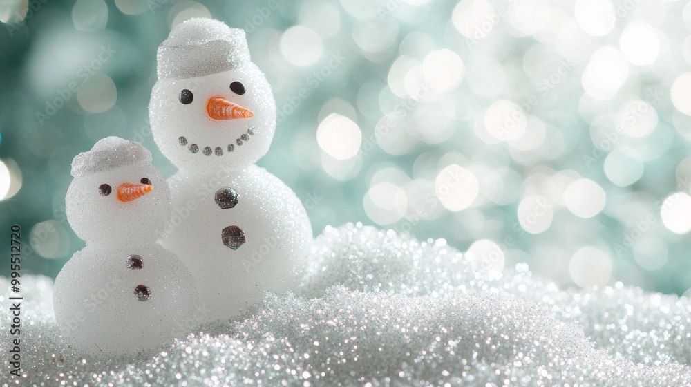 Adorable snowmen, made of fake snow, stand against a sparkly background. There's room for you to add your own message! Adorable snowmen, made of fake snow, stand against a sparkly background. There's room for you to add your own message!