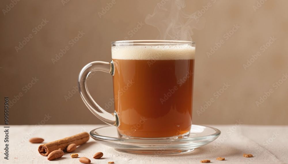 Steaming cup of chai tea in a glass mug on a saucer with cinnamon and almonds Steaming cup of chai tea in a glass mug on a saucer with cinnamon and almonds
