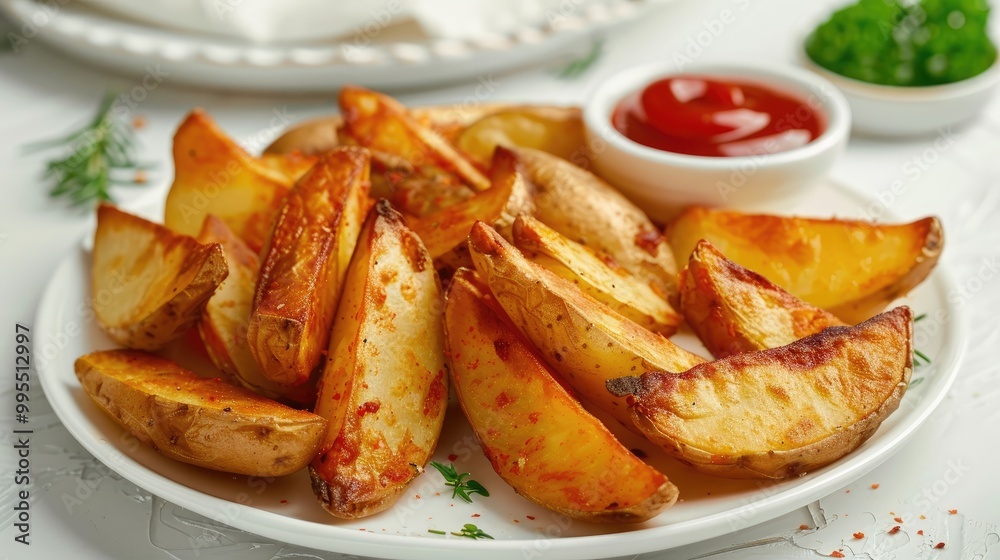A plate of crispy potato wedges with ketchup. A plate of crispy potato wedges with ketchup.