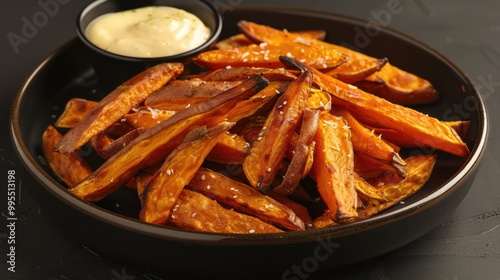 A plate of crispy sweet potato fries with aioli.