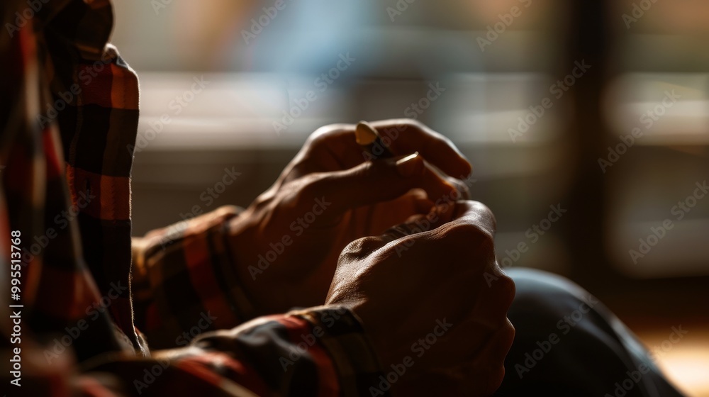Person sitting alone, holding a small object, intently focused with a tense expression, symbolizing addictive habits and personal struggle, isolated figure in introspective moment. Person sitting alone, holding a small object, intently focused with a tense expression, symbolizing addictive habits and personal struggle, isolated figure in introspective moment.