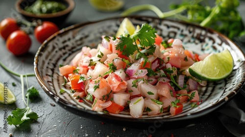 A plate of fresh ceviche with lime wedges and cilantro.