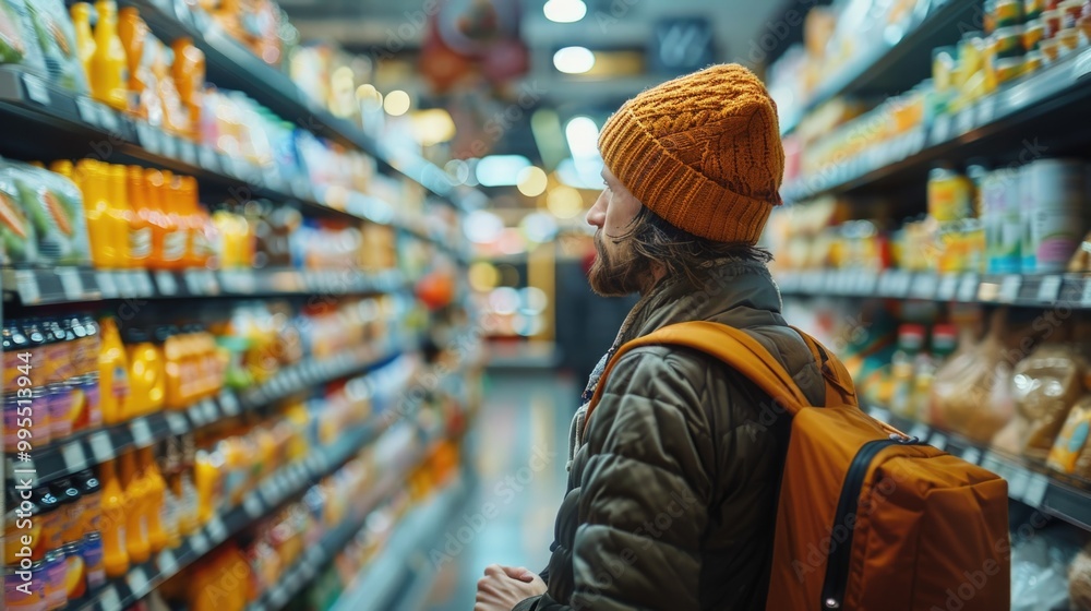 Hipster Man Shopping in Grocery Store Aisle Hipster Man Shopping in Grocery Store Aisle