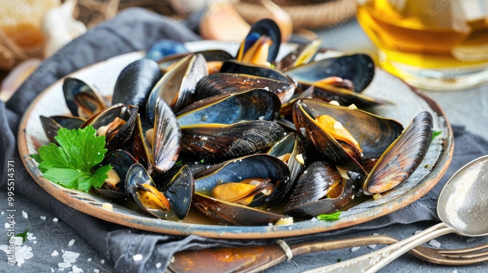 A plate of fresh mussels with garlic and white wine sauce. A plate of fresh mussels with garlic and white wine sauce.