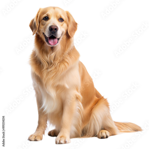 Golden retriever sitting, cheerful expression, transparent or white isolated background