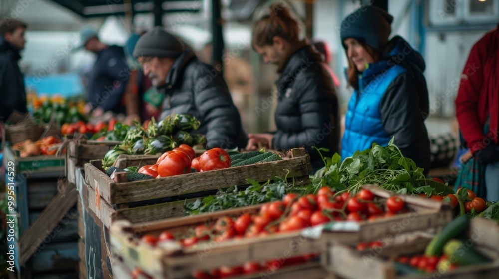 Fresh Vegetables and Fruits at a Busy Market Stall with Shoppers Fresh Vegetables and Fruits at a Busy Market Stall with Shoppers