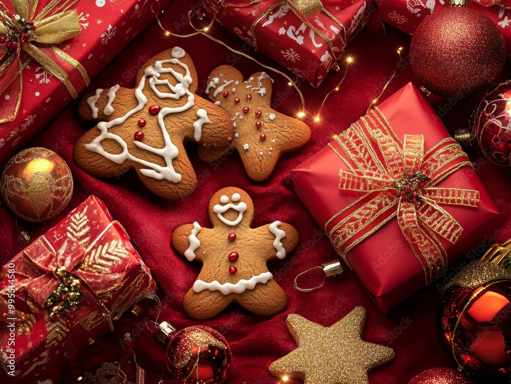 2408 79.A richly textured red Christmas background showcasing gingerbread cookies, carefully wrapped gifts with golden bows, and sparkling holiday decorations. The cookies feature intricate icing 2408 79.A richly textured red Christmas background showcasing gingerbread cookies, carefully wrapped gifts with golden bows, and sparkling holiday decorations. The cookies feature intricate icing