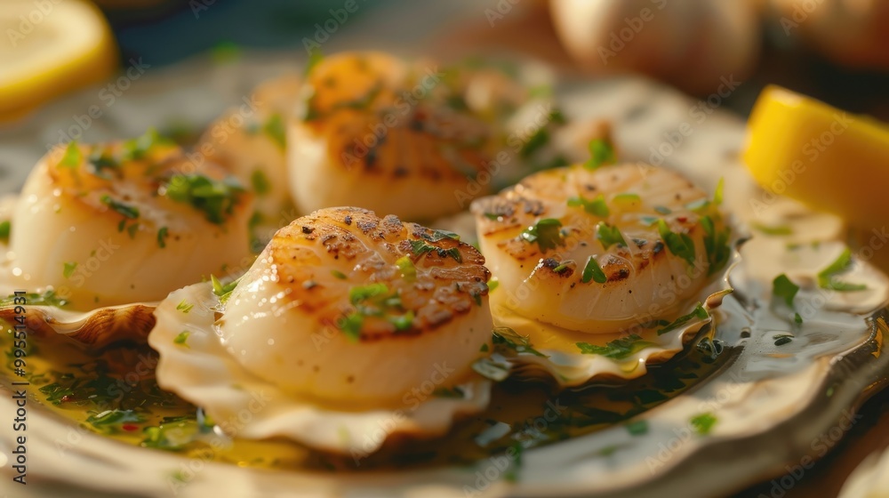 A plate of fresh scallops with garlic butter. A plate of fresh scallops with garlic butter.
