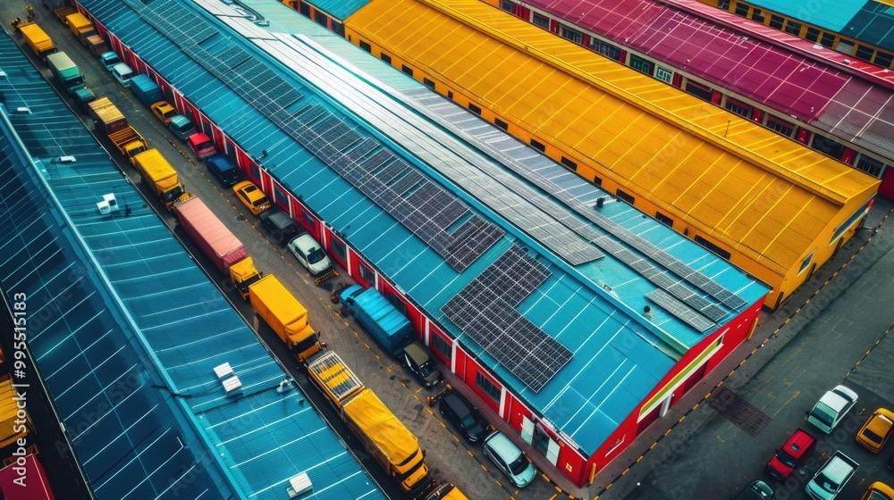 Aerial View of Colorful Freight Trucks at Commercial Shipping Yard Aerial View of Colorful Freight Trucks at Commercial Shipping Yard
