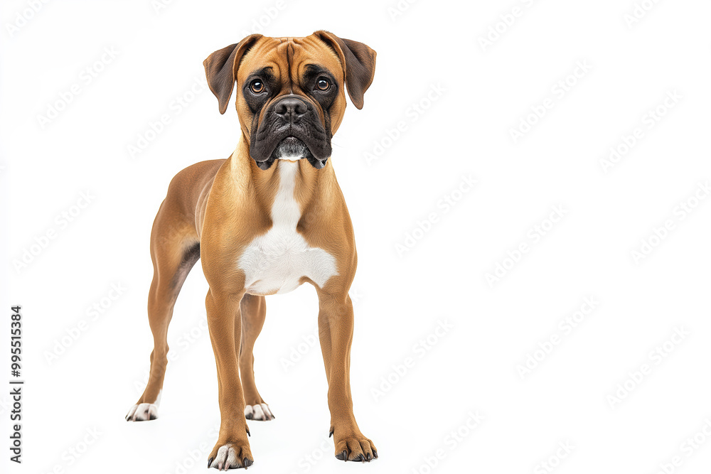 A brown and white dog stands in front of a white background A brown and white dog stands in front of a white background