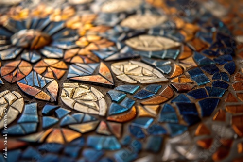 Detailed mosaic tile artwork showcasing an intricate floral pattern made from various colored stones, located in a historic building photo