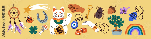 Lucky charms and symbols set. Fortune amulets, horseshoe, dice, shooting star, hamsa, dreamcatcher, evil eye, magic protection talismans for good luck and success. Isolated flat vector illustrations