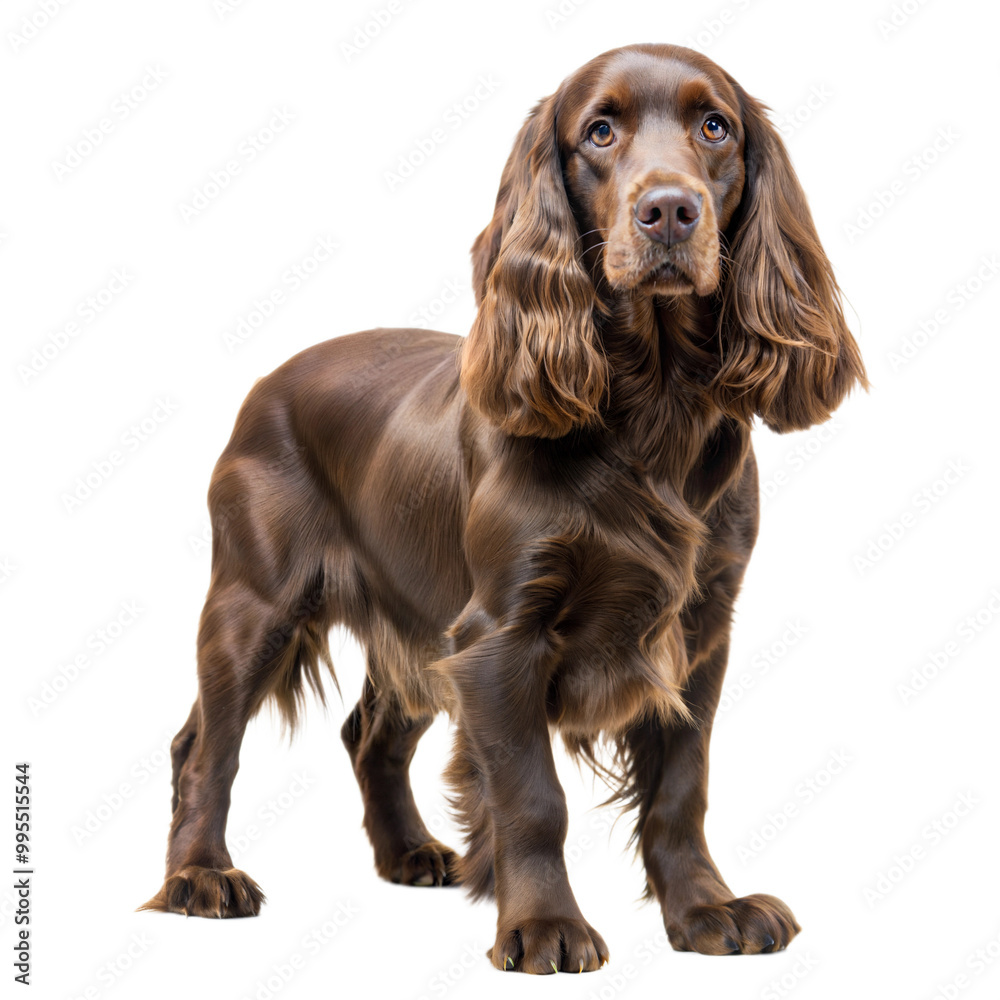 A brown field spaniel standing proudly, showcasing its shiny fur against a transparent or white isolated background. A brown field spaniel standing proudly, showcasing its shiny fur against a transparent or white isolated background.