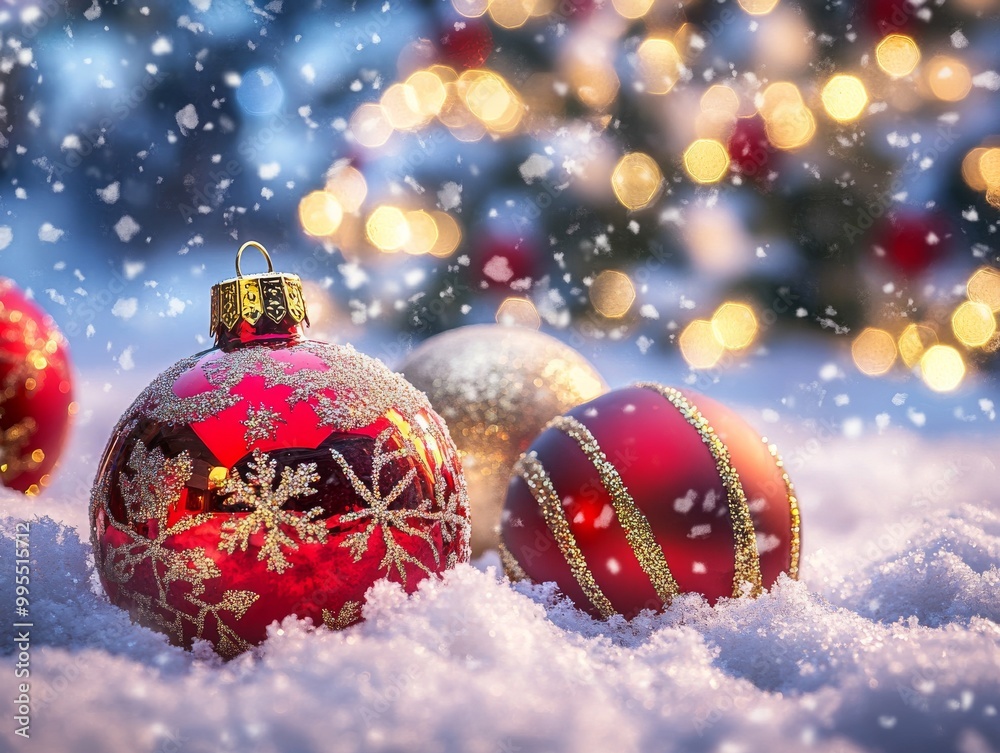 2408 90.Vibrant Christmas baubles in red and gold sit atop a blanket of snow, with a snow-covered Christmas tree towering in the background. The scene captures the festive spirit of the season, with 2408 90.Vibrant Christmas baubles in red and gold sit atop a blanket of snow, with a snow-covered Christmas tree towering in the background. The scene captures the festive spirit of the season, with