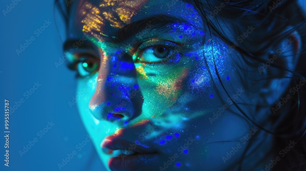 Vibrant Neon Glow on Woman's Portrait in Ultraviolet Light Vibrant Neon Glow on Woman's Portrait in Ultraviolet Light