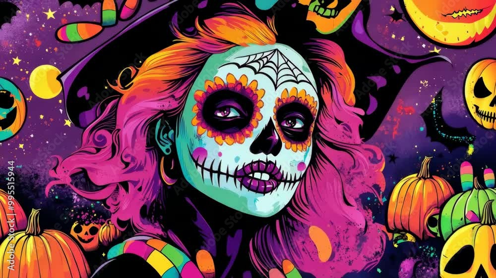 Vibrant Day of the Dead face paint on a woman, colorful and artistic, 4K video