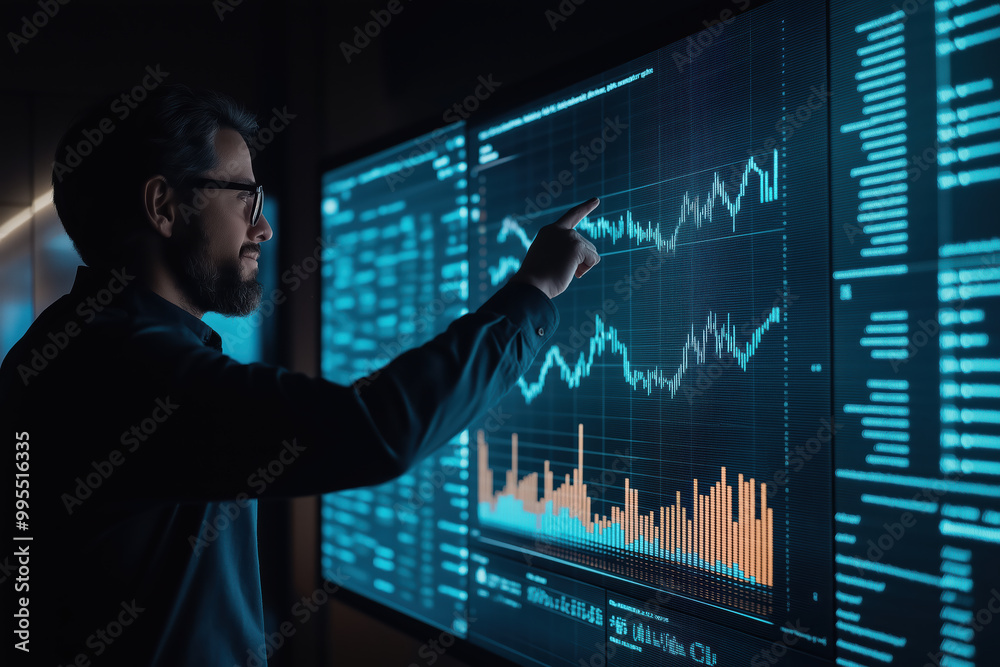 A man pointing at a computer screen with a graph on it A man pointing at a computer screen with a graph on it