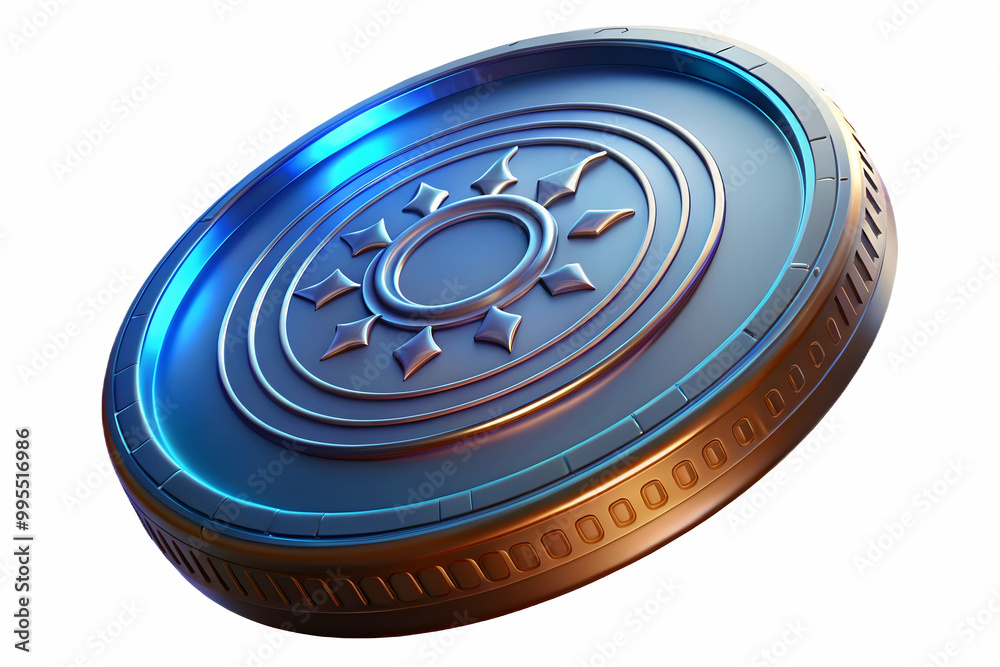 Futuristic 3D Macro Shot of Bhai Dooj Coin: Glowing Inscriptions & Intricate Textures on Isolated White Background Futuristic 3D Macro Shot of Bhai Dooj Coin: Glowing Inscriptions & Intricate Textures on Isolated White Background