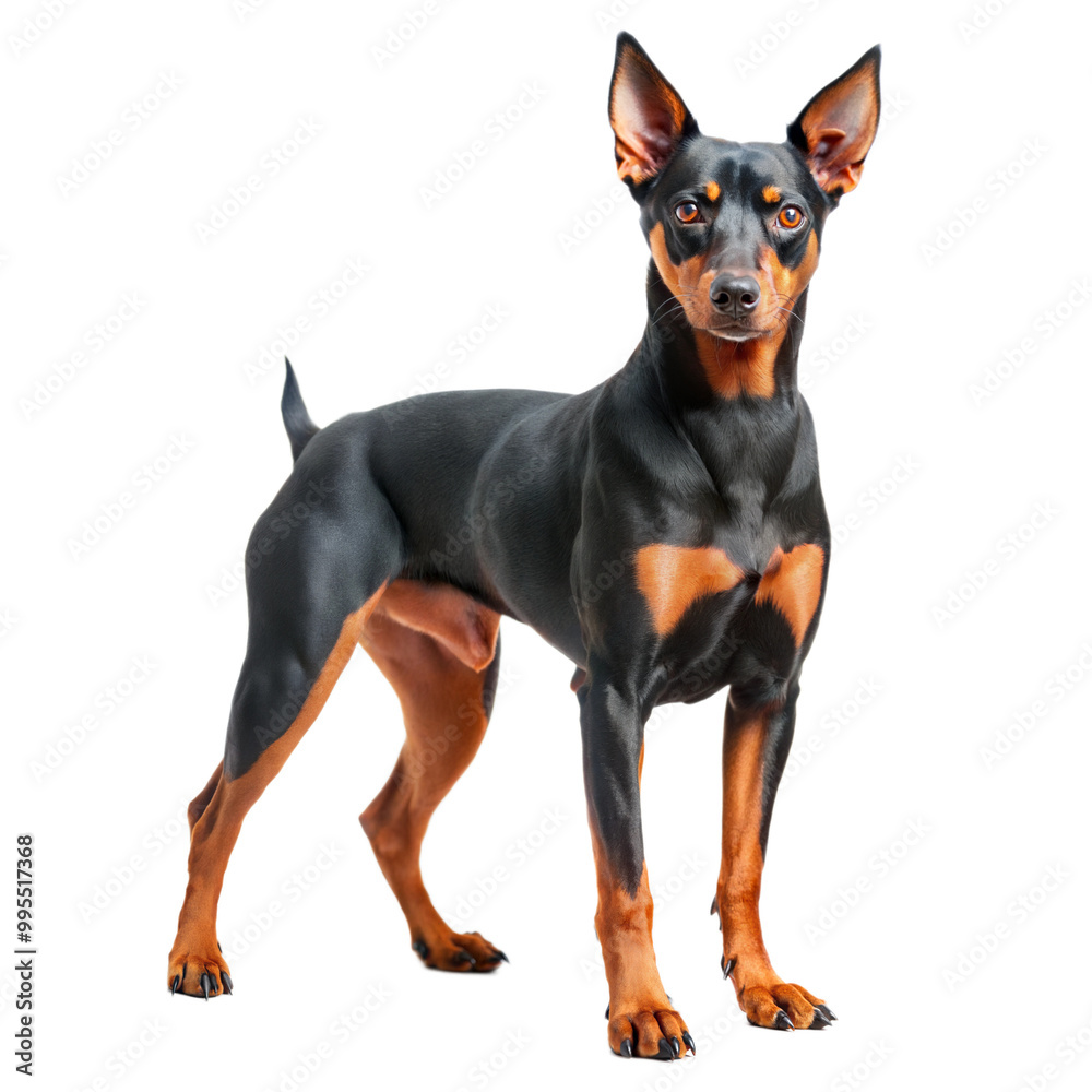 A striking German pinscher dog standing confidently, showcasing its sleek coat and alert demeanor. isolated on a white or transparent background. A striking German pinscher dog standing confidently, showcasing its sleek coat and alert demeanor. isolated on a white or transparent background.