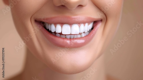 Close-up of a woman smiling, showing her beautiful white teeth.