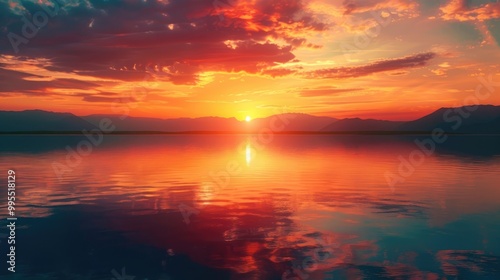 A breathtaking sunset over a serene lake with vibrant orange and pink hues reflecting on the water.