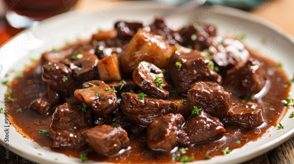 A savory and satisfying plate of beef bourguignon, with tender chunks of beef, mushrooms, and a rich, red wine sauce A savory and satisfying plate of beef bourguignon, with tender chunks of beef, mushrooms, and a rich, red wine sauce