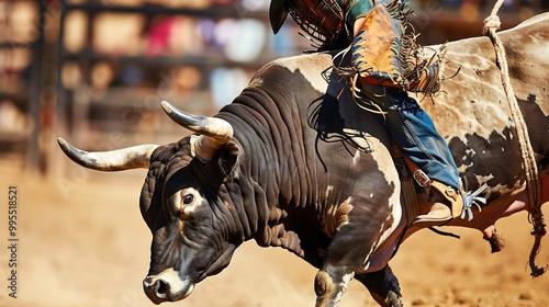 Bull riding a rodeo capturing the intense action and rider's gear in closeup