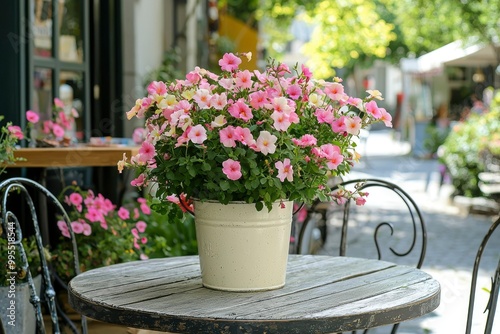 Wallpaper Mural Pink and White Petunias in a White Pot on a Wooden Table Torontodigital.ca