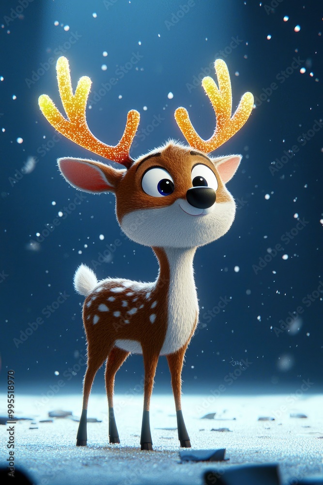 Cute Cartoon Reindeer with Glittery Antlers in Snowy Landscape Cute Cartoon Reindeer with Glittery Antlers in Snowy Landscape