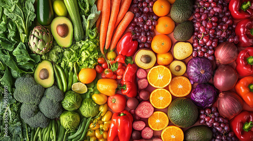 Wallpaper Mural Healthy eating. World Vegetarian Day. Colorful assortment of vegetables and fruits. Fruit and vegetable background with various types of vegetables. Fresh organic vegetables. Top view. Copy space Torontodigital.ca