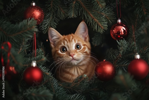 Cute Ginger Kitten Peeking Through Christmas Tree Ornaments: A Close-Up of Fluffy Holiday Mischief - Little Xmas Troublemaker 