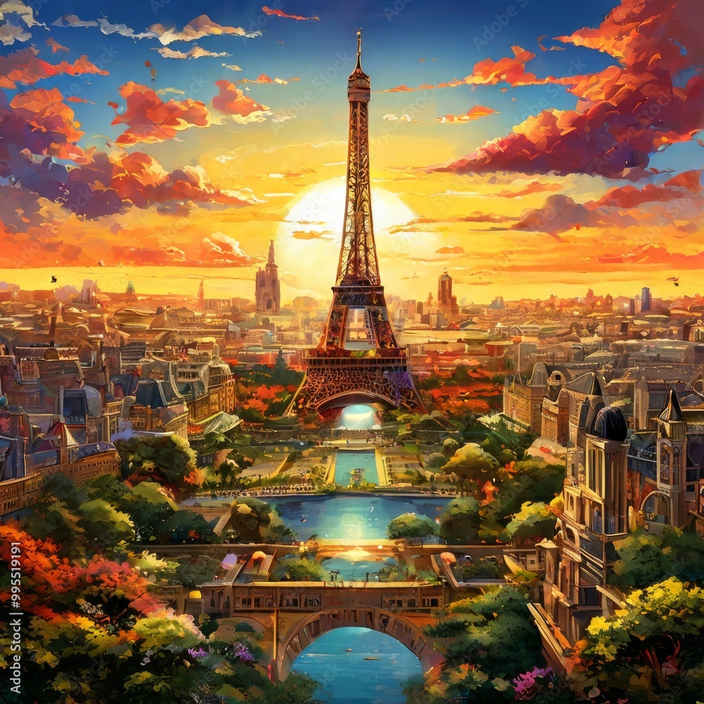 Obraz premium This striking image depicts the Eiffel Tower bathed in the golden hues of sunset, surrounded by the iconic Parisian cityscape. The vibrant sky, dotted with clouds, enhances the romantic and