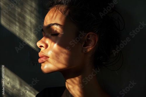 A profile view of a woman illuminated by sunlight casting shadows on her face, creating artistic patterns, in a dimly lit urban environment during the late afternoon