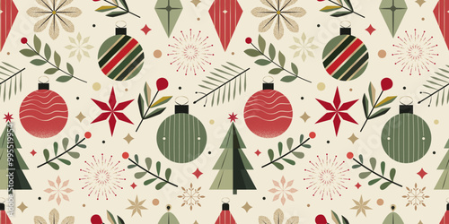 Seamless Christmas Pattern – Flat-Style Vector Design with Festive Ornaments, Leaves, and Stars on a Light Background. Ideal for Holiday Gift Wrapping, Seasonal Decor, and Digital Projects