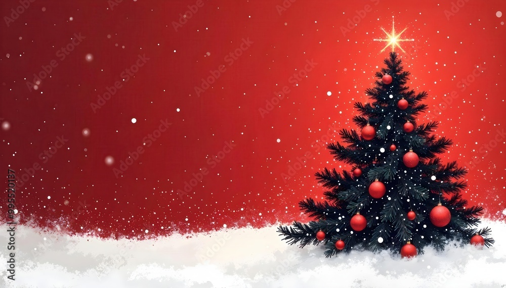 Black Christmas tree with red ornaments and snowy landscape against a red background with negative space, offering a festive and minimalist design perfect for Christmas themes. Black Christmas tree with red ornaments and snowy landscape against a red background with negative space, offering a festive and minimalist design perfect for Christmas themes.
