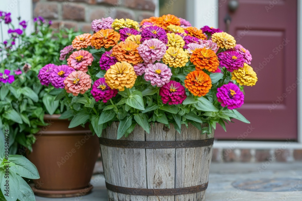 A Wooden Planter Filled With Colorful Zinnia Flowers A Wooden Planter Filled With Colorful Zinnia Flowers