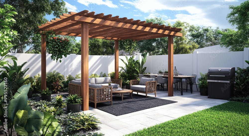 Naklejka premium an outdoor area with a wooden pergola, white walls, and light gray furniture set up in the backyard of a home