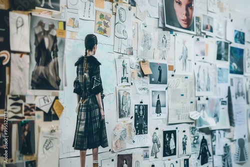 Fashion designer reviewing sketches and designs for a new collection at an art studio during a creative brainstorming session in the late afternoon photo